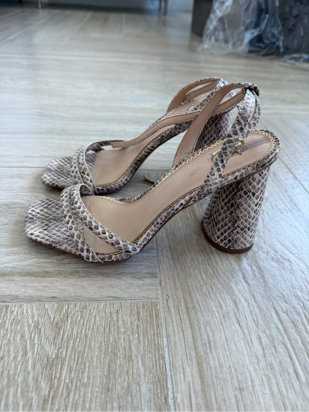 Sam Edelman Snake-Print Slingback Block Heels in Taupe